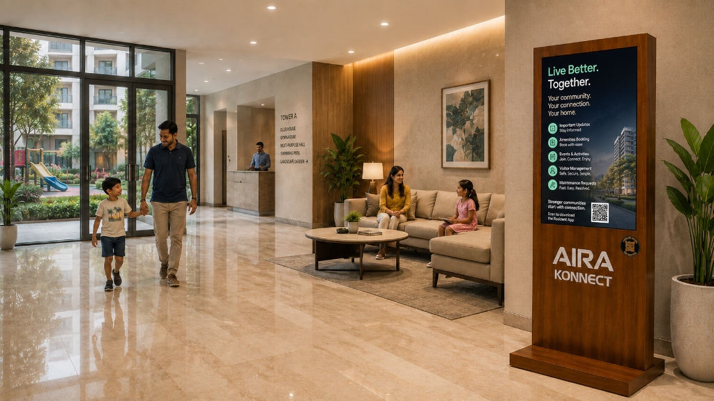 DOOH screen in residential apartment lobby