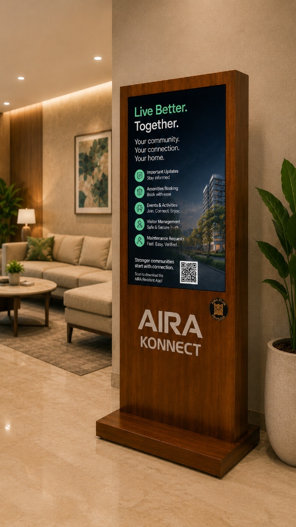 Portrait screen in apartment lift lobby